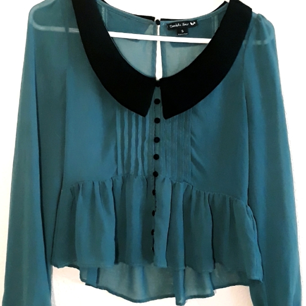 Double Zero Sheer Ruffle Front Blouse Size - Size Small/XS Teal Blue - Picture 10 of 14